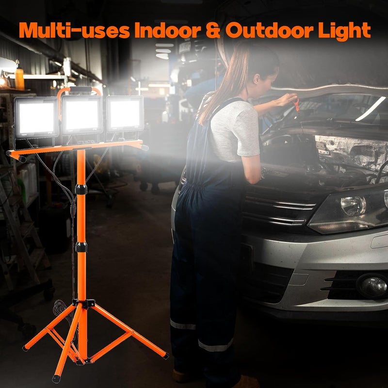 GUWELL 22000 Lumen Work Lights with Stand, 3 Head Portable LED Work Light, with Adjustable&Foldable Tripod Stand, IP66 Waterproof Lamp for Outdoor Indoor Job Site Workshop Garage Construction Site Lighting - Image 5